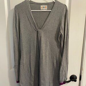 title nine Sweater Dress Gathered Neck Gray Purple Hem Decorative